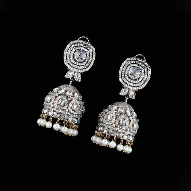 Ratan Polki Jhumkay (Rhodium Plated) by Jewels by RF, view 3