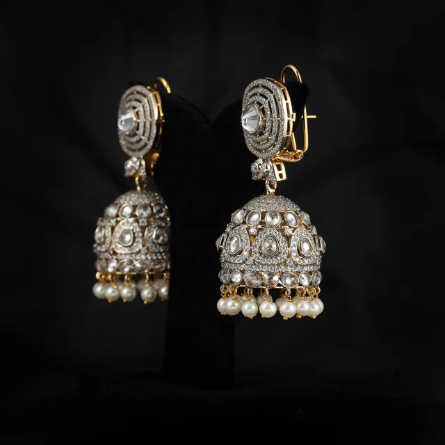 Ratan Polki Jhumkay (Rhodium Plated) by Jewels by RF, view 2