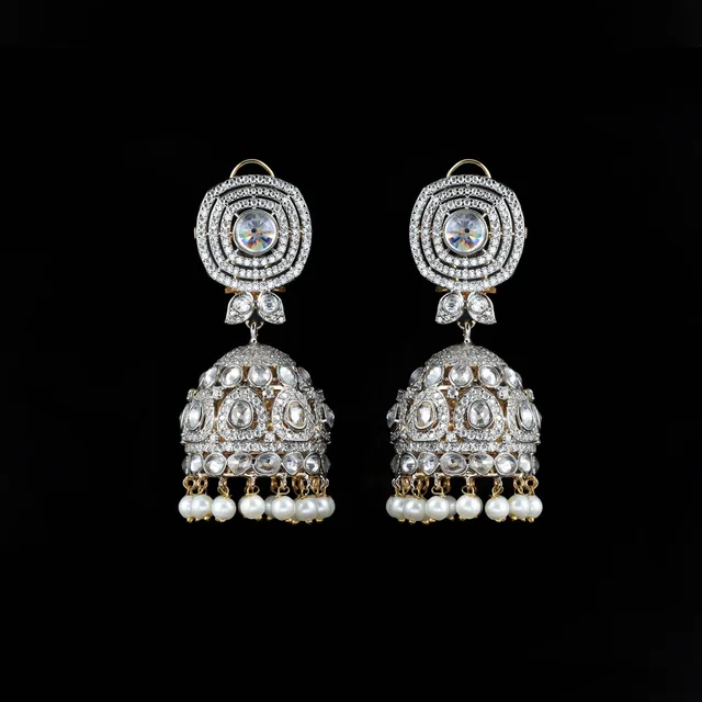 Ratan Polki Jhumkay (Rhodium Plated) by Jewels by RF